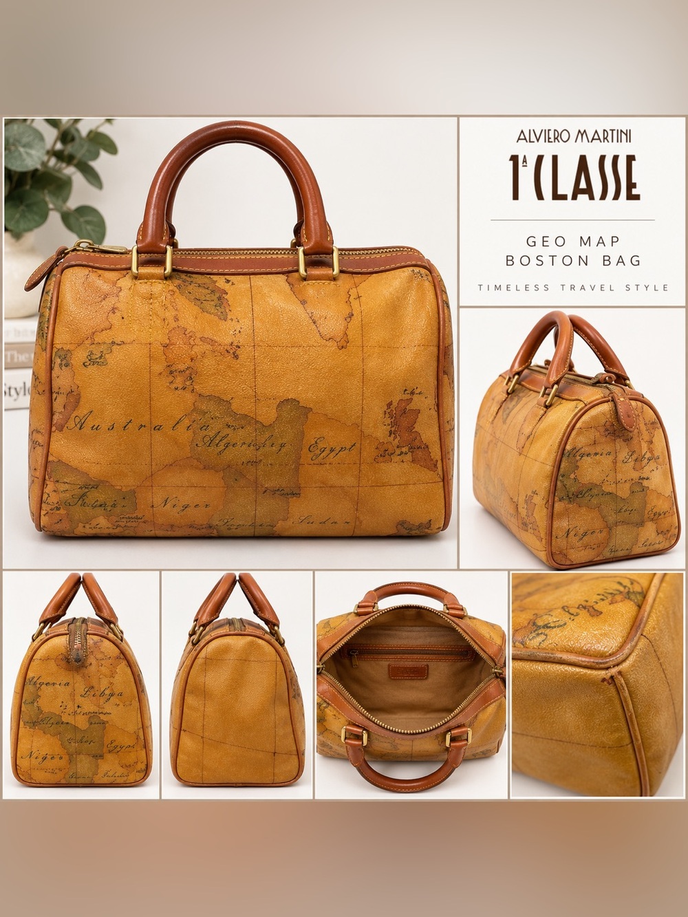 Alviero Martini Tan and Cognac Map-Print Boston Bag